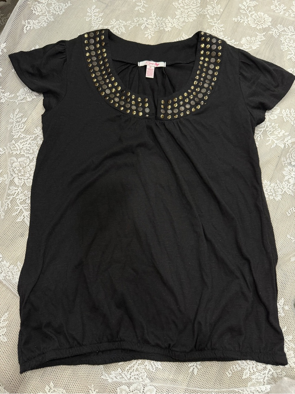 Lena Black Short-Sleeve Top with Gold-Tone Studded Scoop Neck